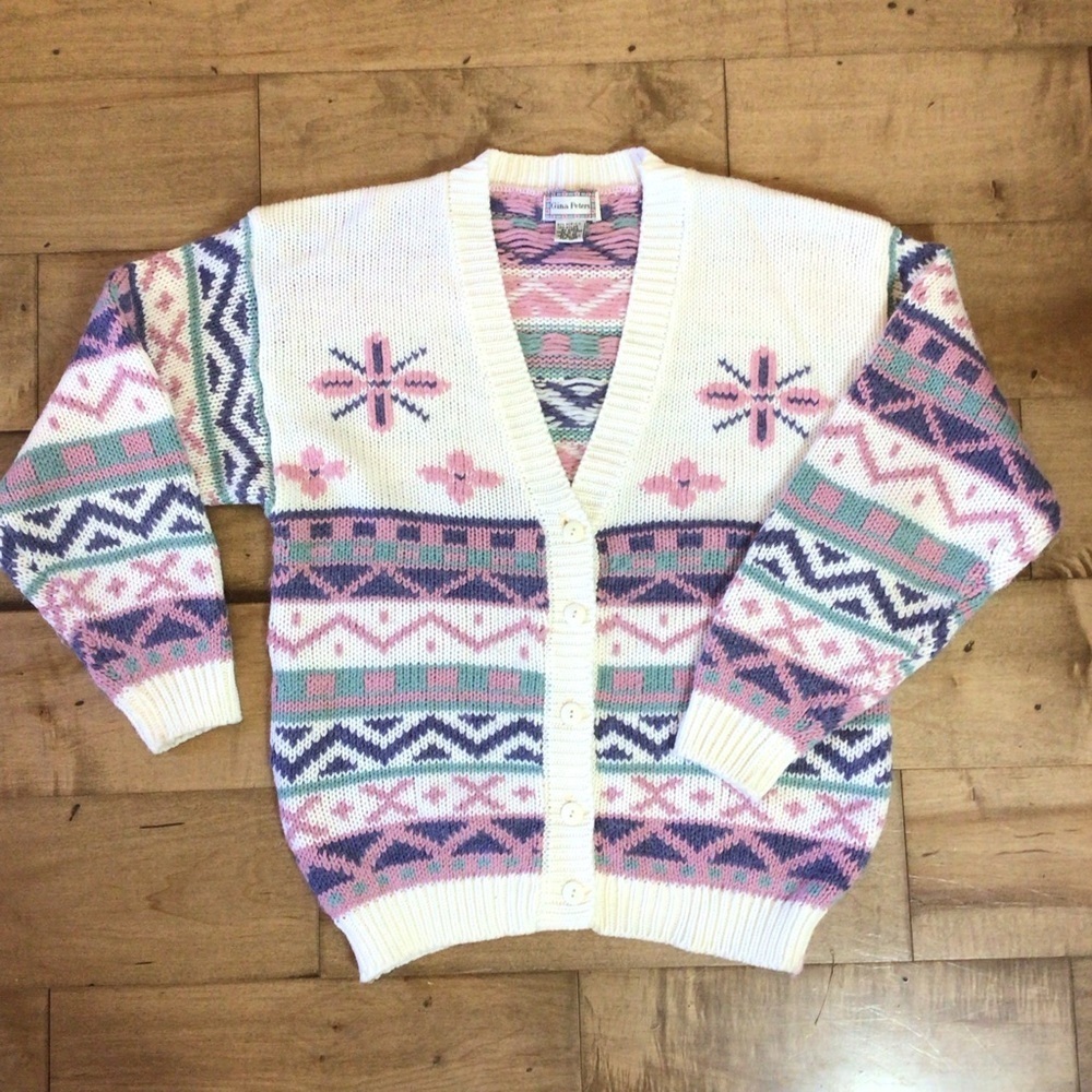 Gina Peters Womens Vintage Fair Isle V-Neck Cardigan Sweater Size Medium